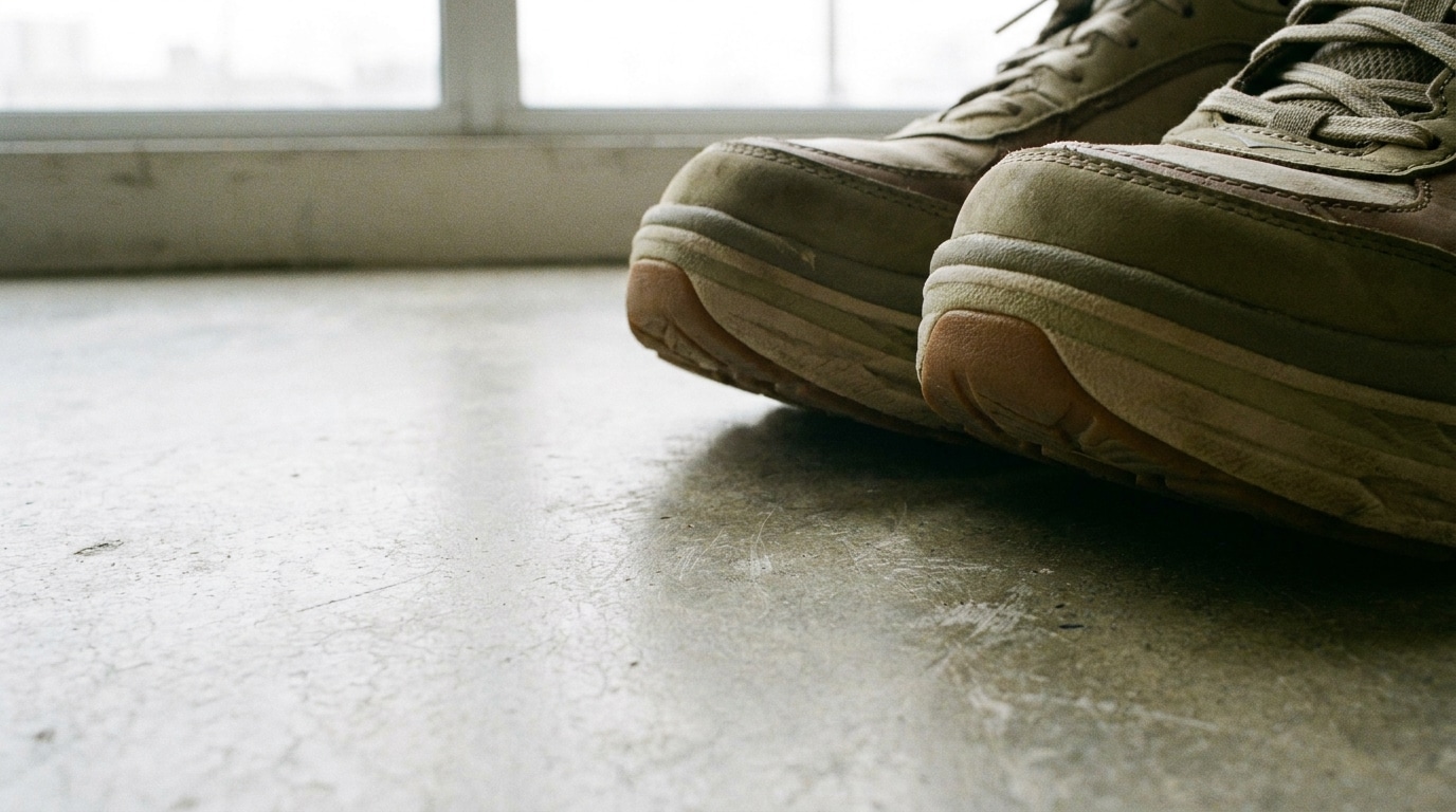 Brown hiking boots resting on concrete floor near large window in soft lighting