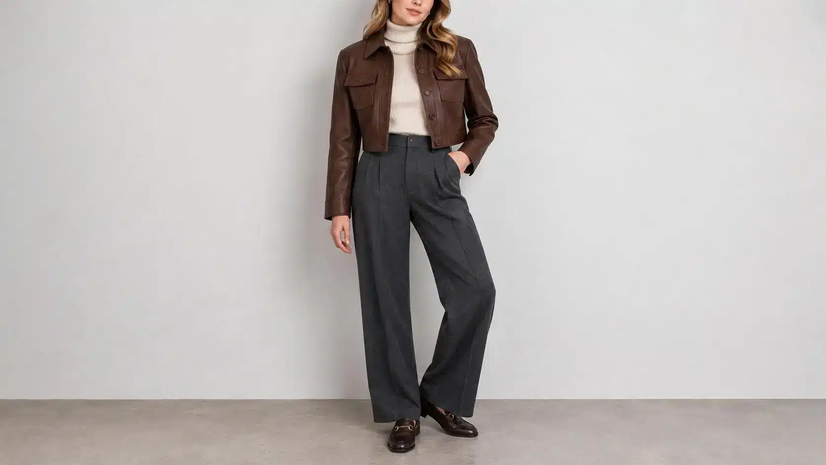 Woman wearing brown leather jacket and wide-leg trousers in a minimalist indoor setting