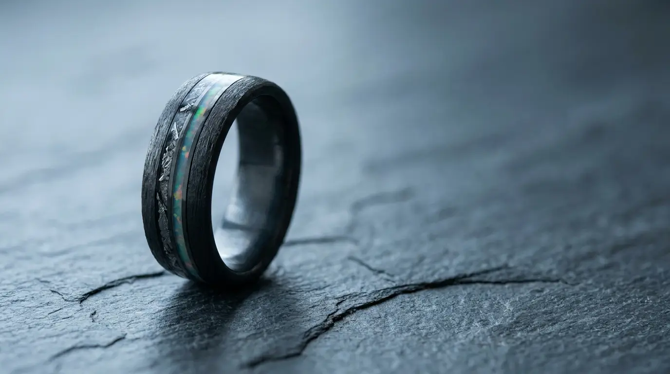 Dark metal and opal inlay ring on textured gray slate surface