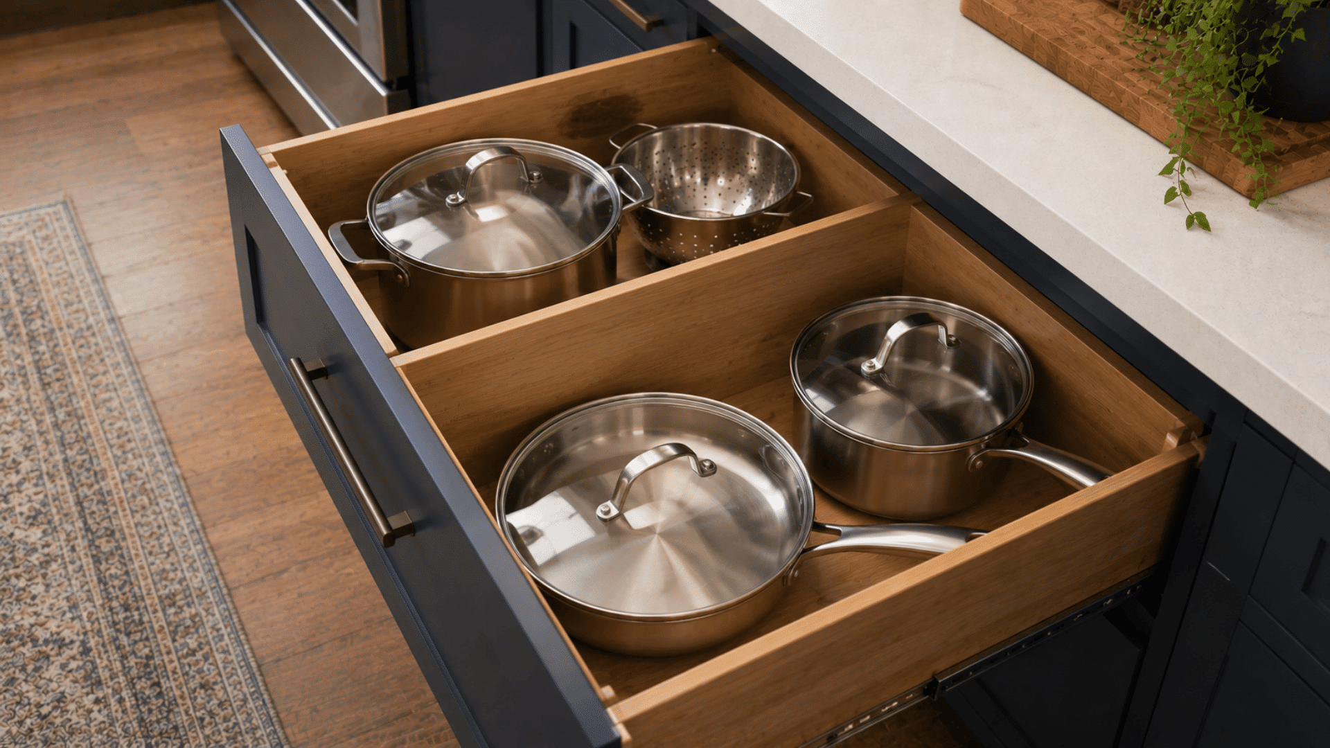 a deep drawer organiser keeps stainless steel pots pans lids and a colander neatly separated for easy kitchen storage