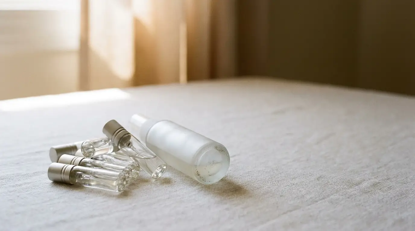 Frosted and clear glass spray bottles on a sunlit fabric surface