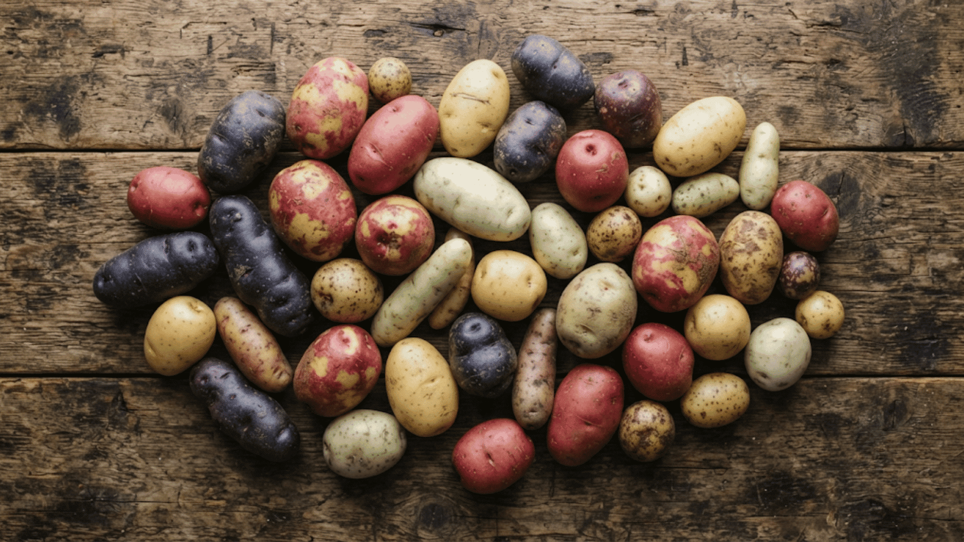 different types of potatoes in red yellow purple and white varieties arranged on a rustic wooden table