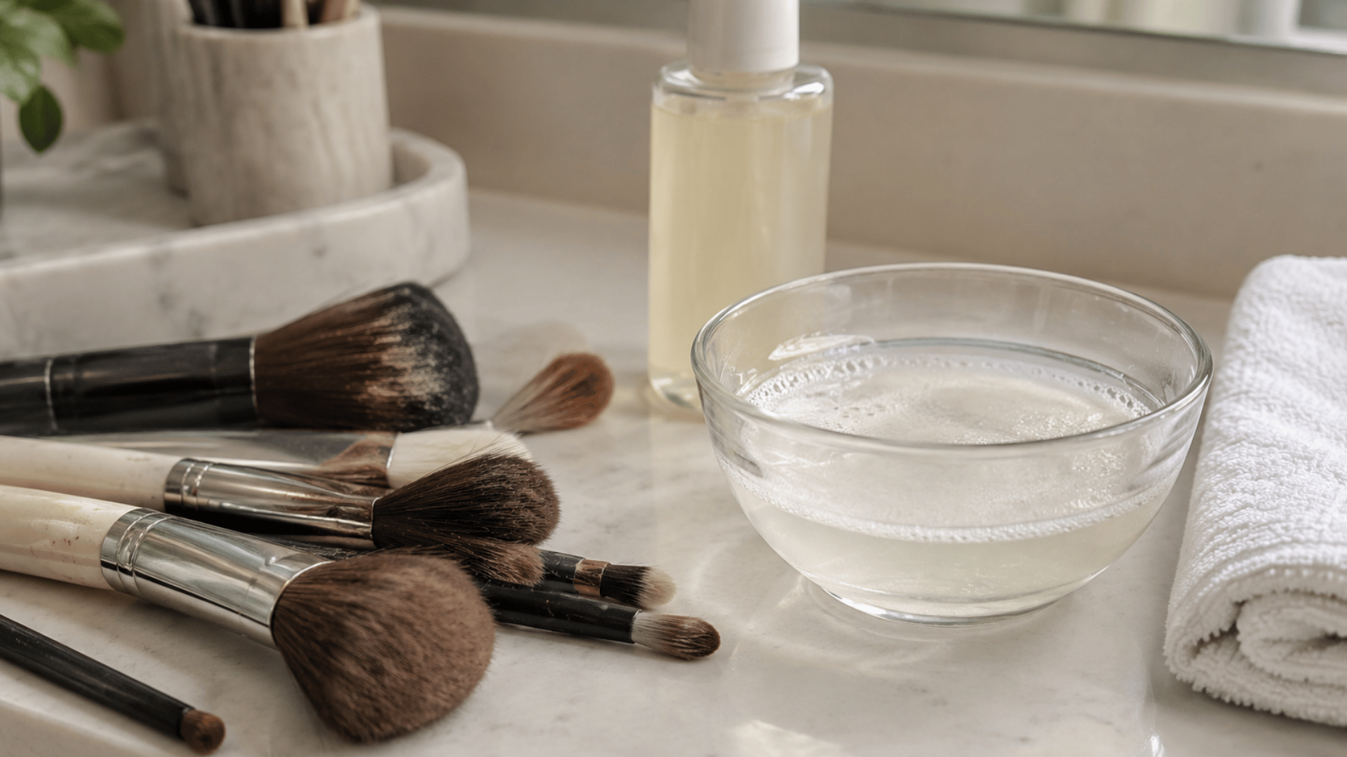 diy makeup brush cleaner with used makeup brushes gentle cleanser and a small bowl on a clean vanity