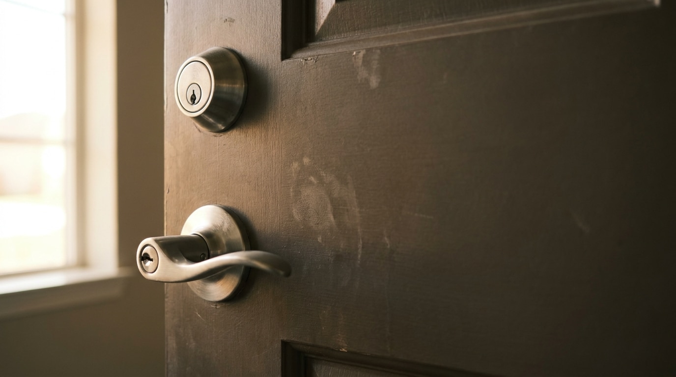 Metal doorknob and deadbolt on brown wooden door in natural light