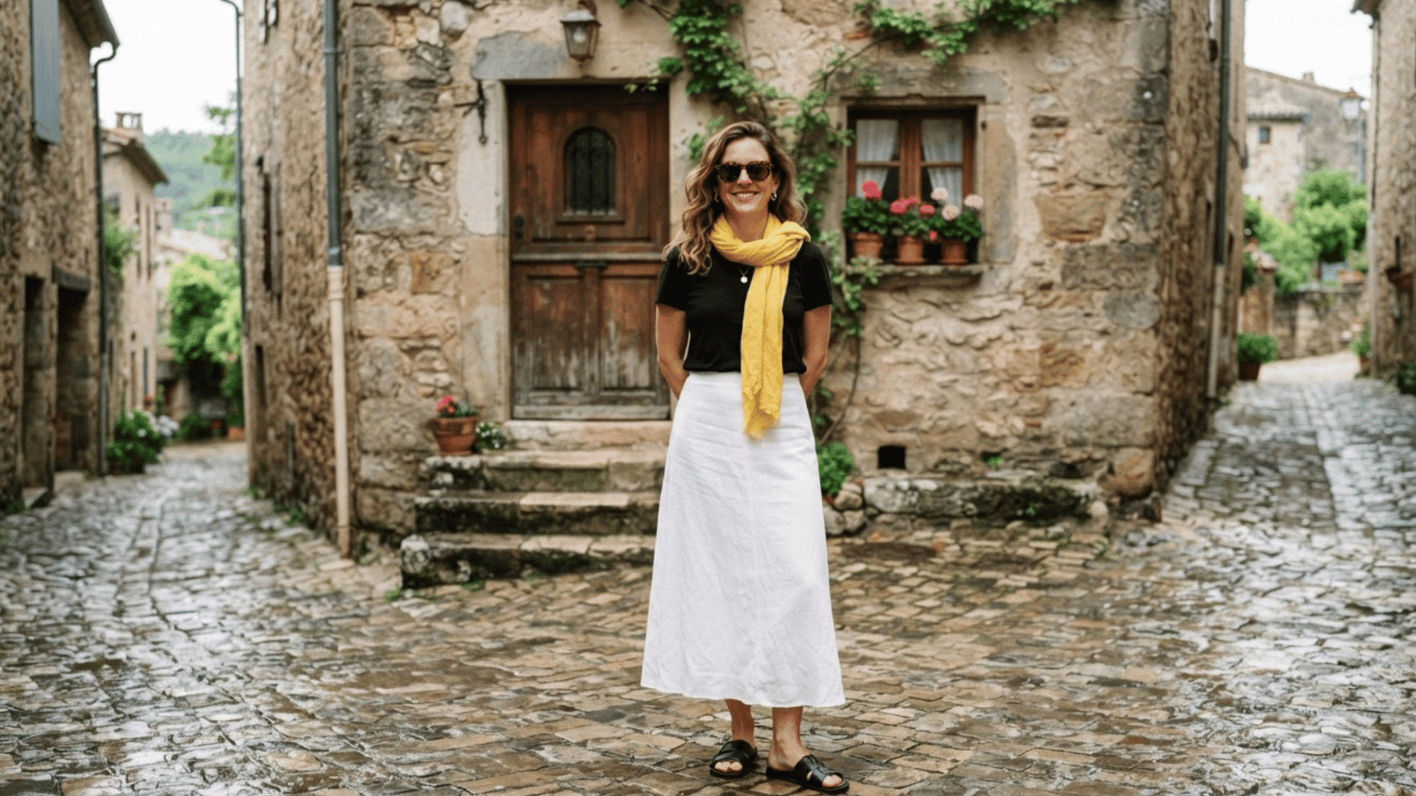 woman wearing a scarf draped over one shoulder creating an elegant and stylish look for a polished outfit