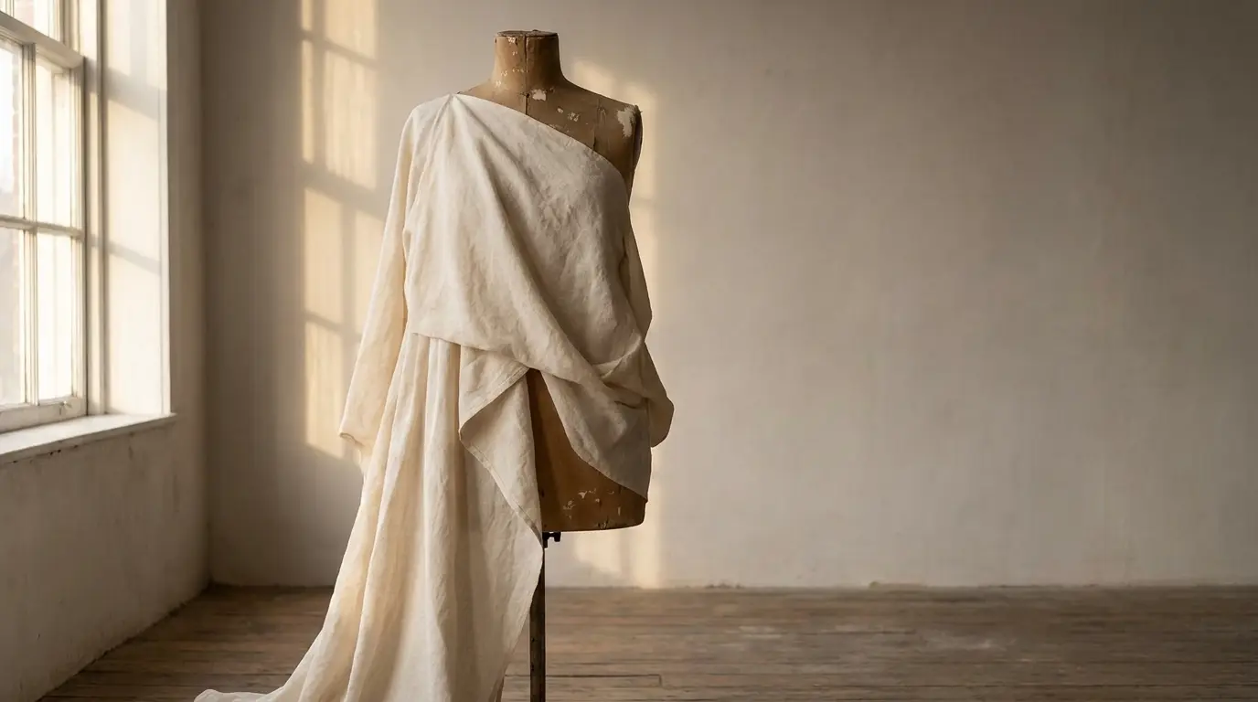 Mannequin draped in beige fabric in sunlit room with wooden floorboards