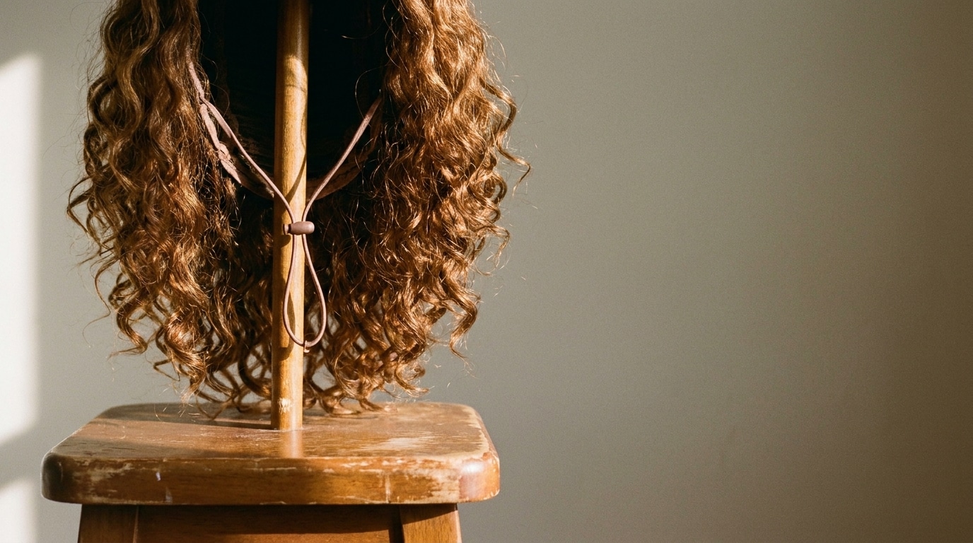 Curly brown wig on wooden stand in soft natural light