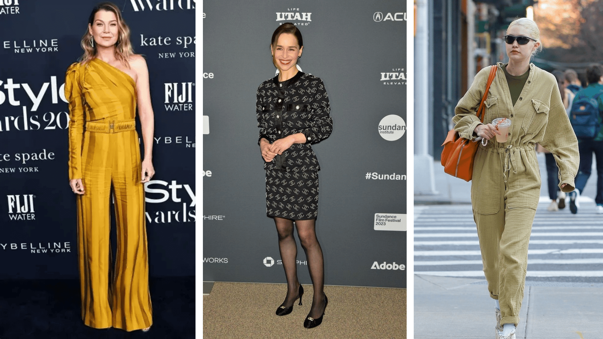 Hollywood actresses wearing dresses and jumpsuits styled for polished smart casual looks
