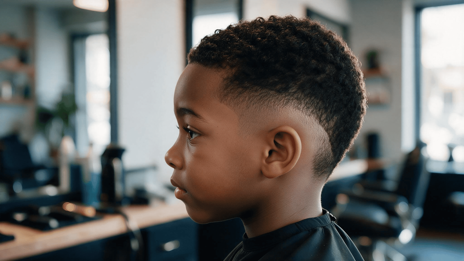 drop fade with curls featuring natural curls on top and a curved fade that drops behind the ear toward the nape