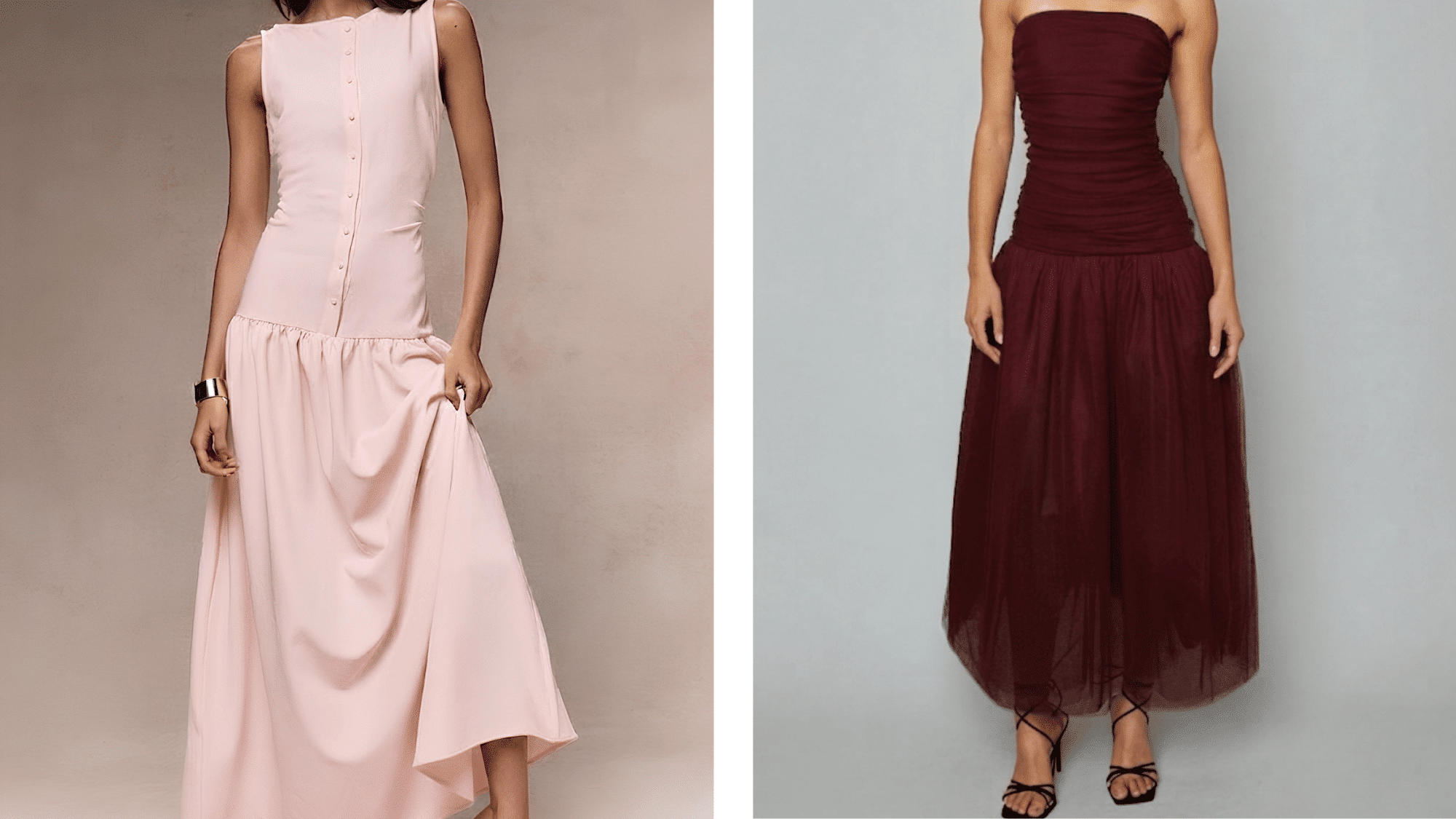 women wearing drop waist dresses with a lowered waistline and flowing skirt
