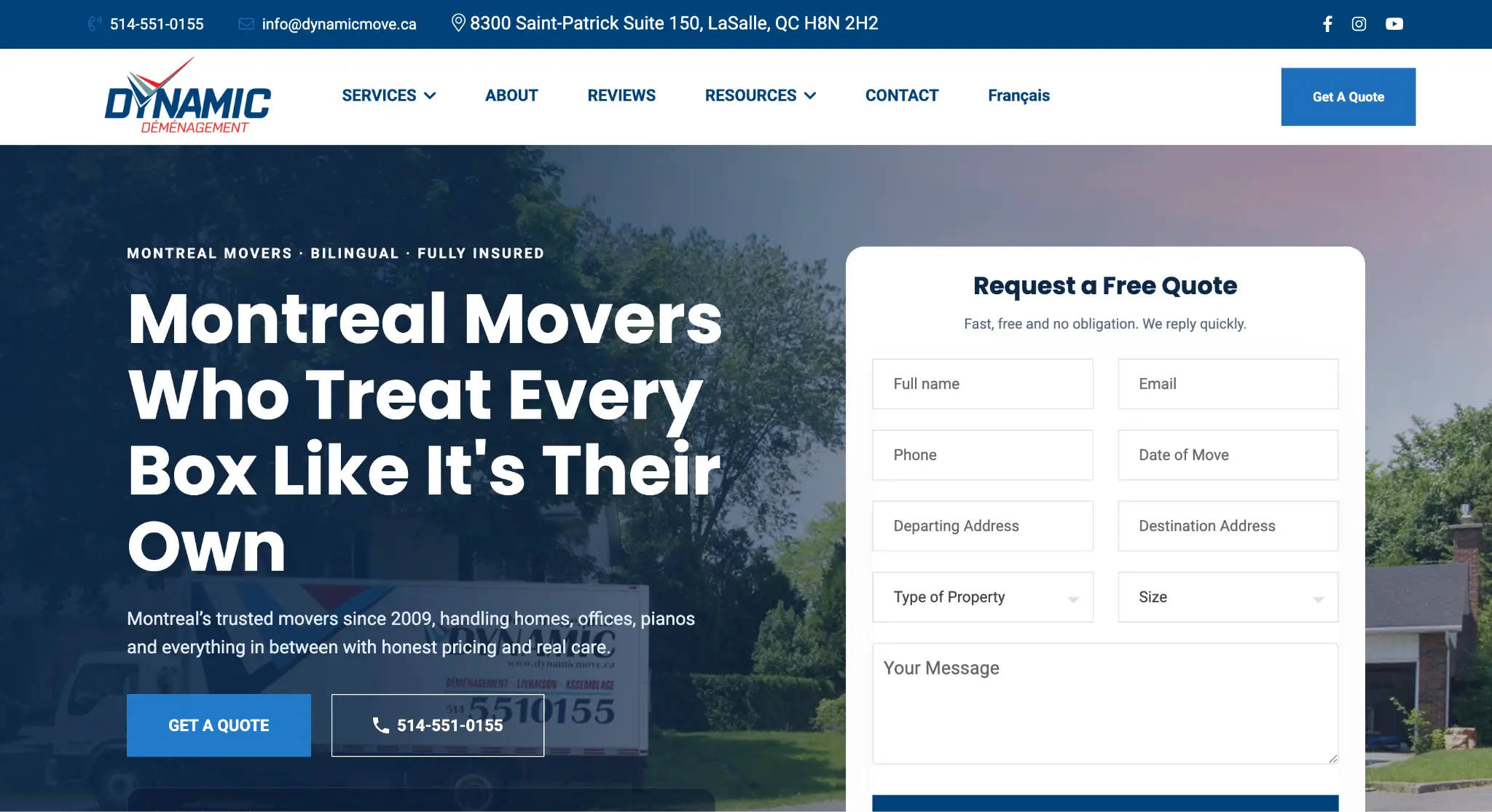 Homepage of a moving company website with contact form section and quote request