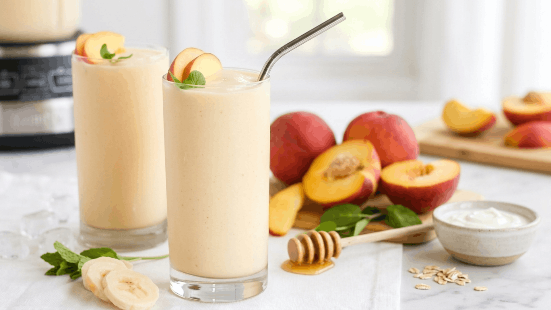 creamy peach smoothie made with fresh peaches yogurt and milk served chilled in a clear glass