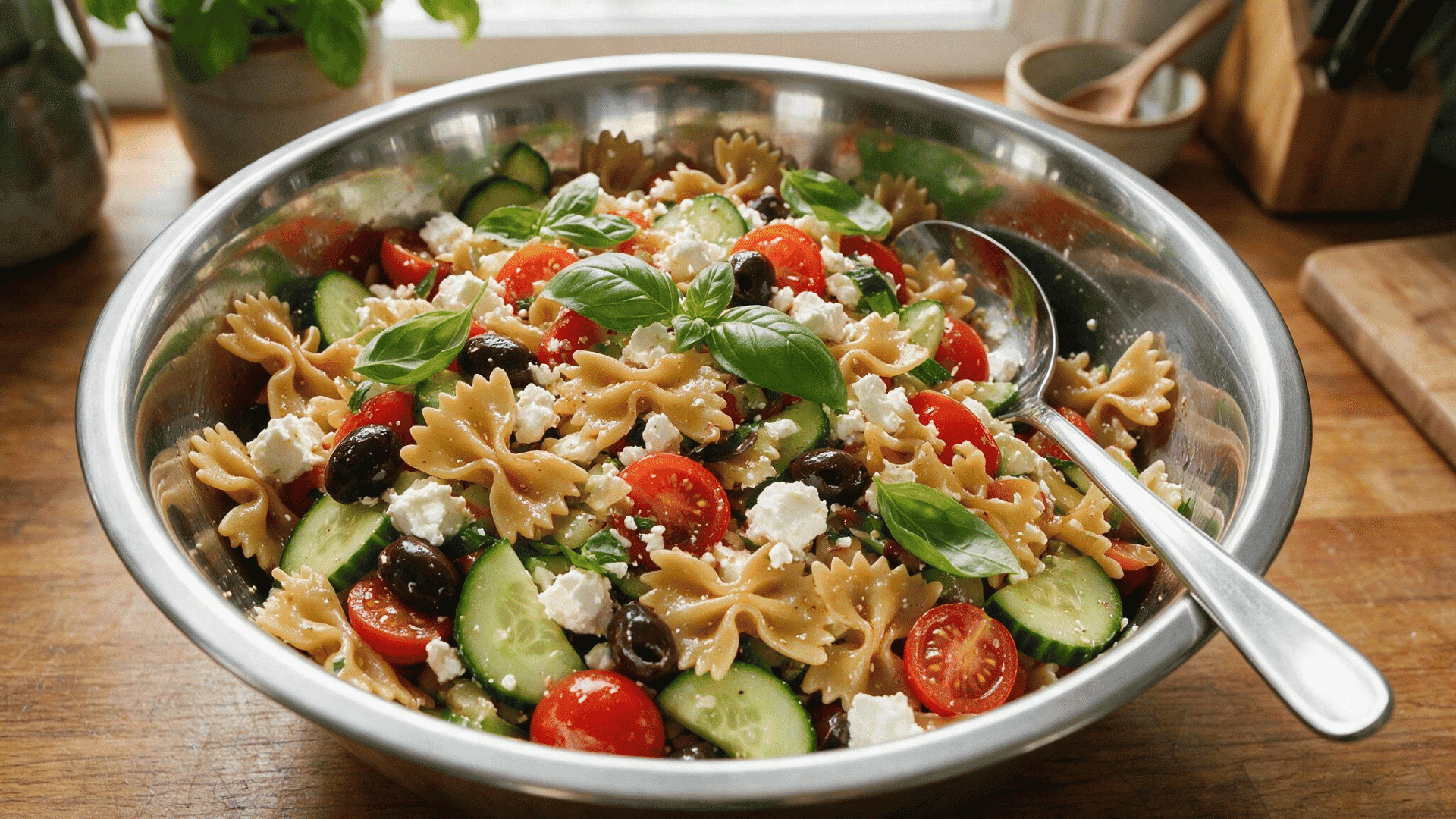greek pasta salad with bowtie noodles, tomatoes, cucumber, feta, olives, and basil in a bowl