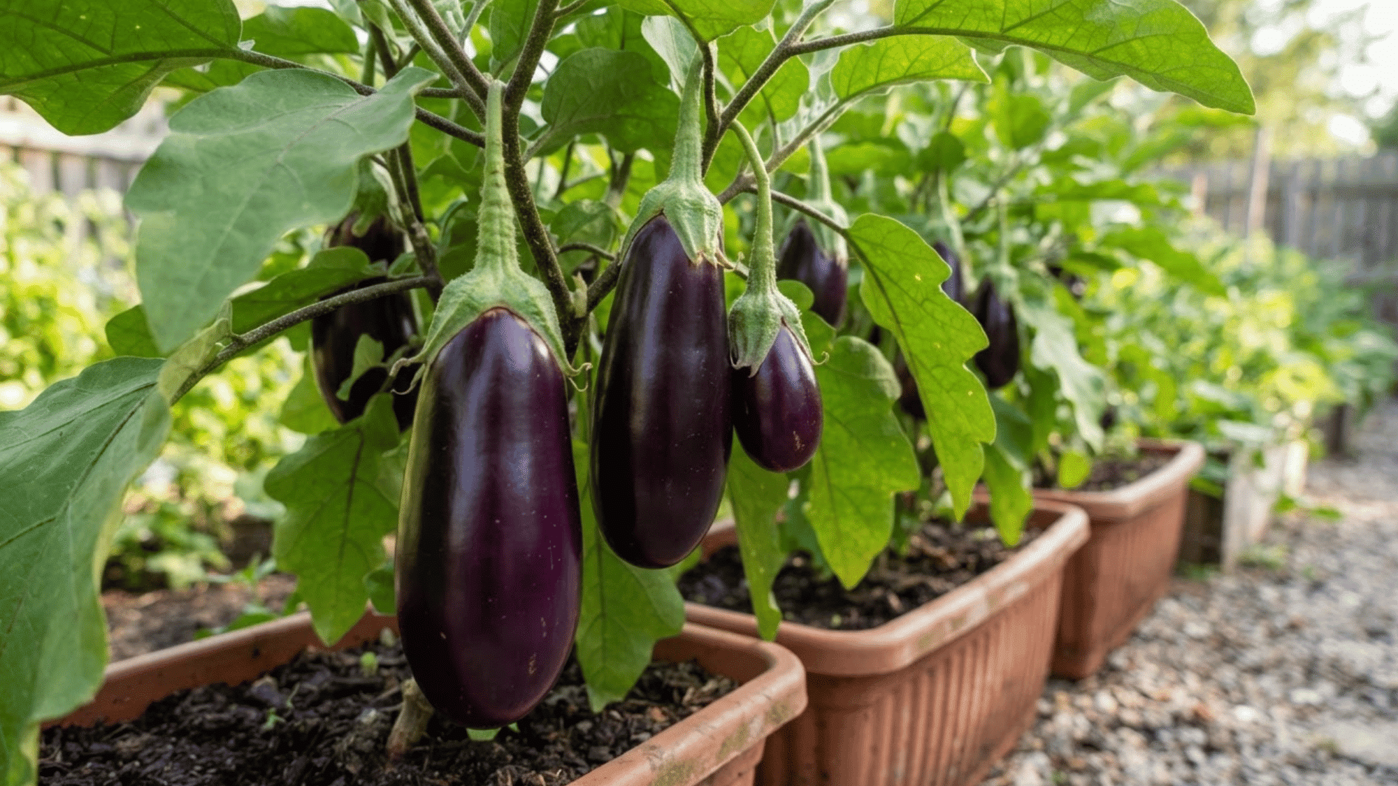 eggplant growing in a container with green leaves and fresh purple fruit developing in a home garden