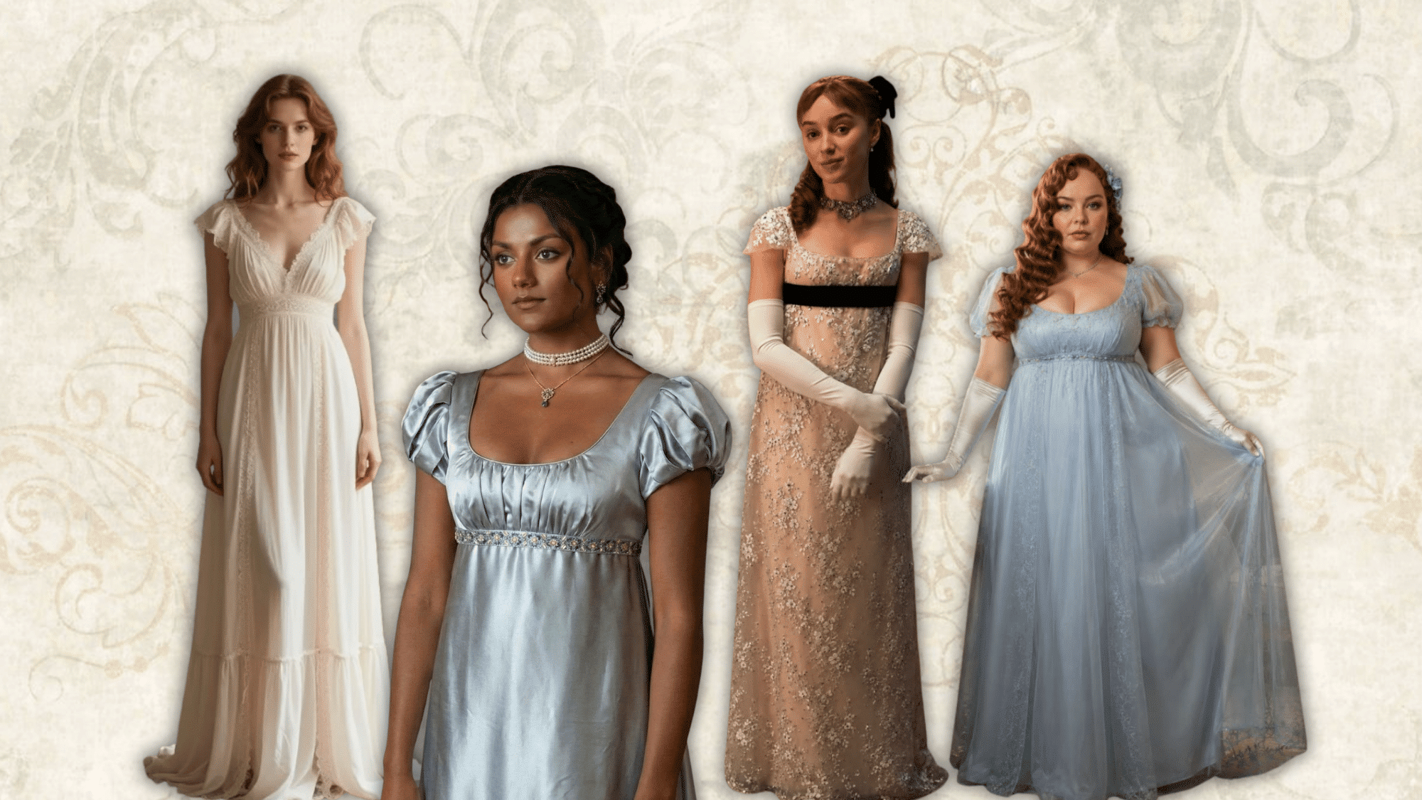 women wearing different empire waist dress styles with raised waistlines and flowing skirts for elegant looks