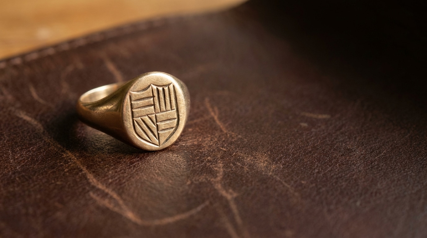 Gold signet ring with shield emblem on dark brown leather surface