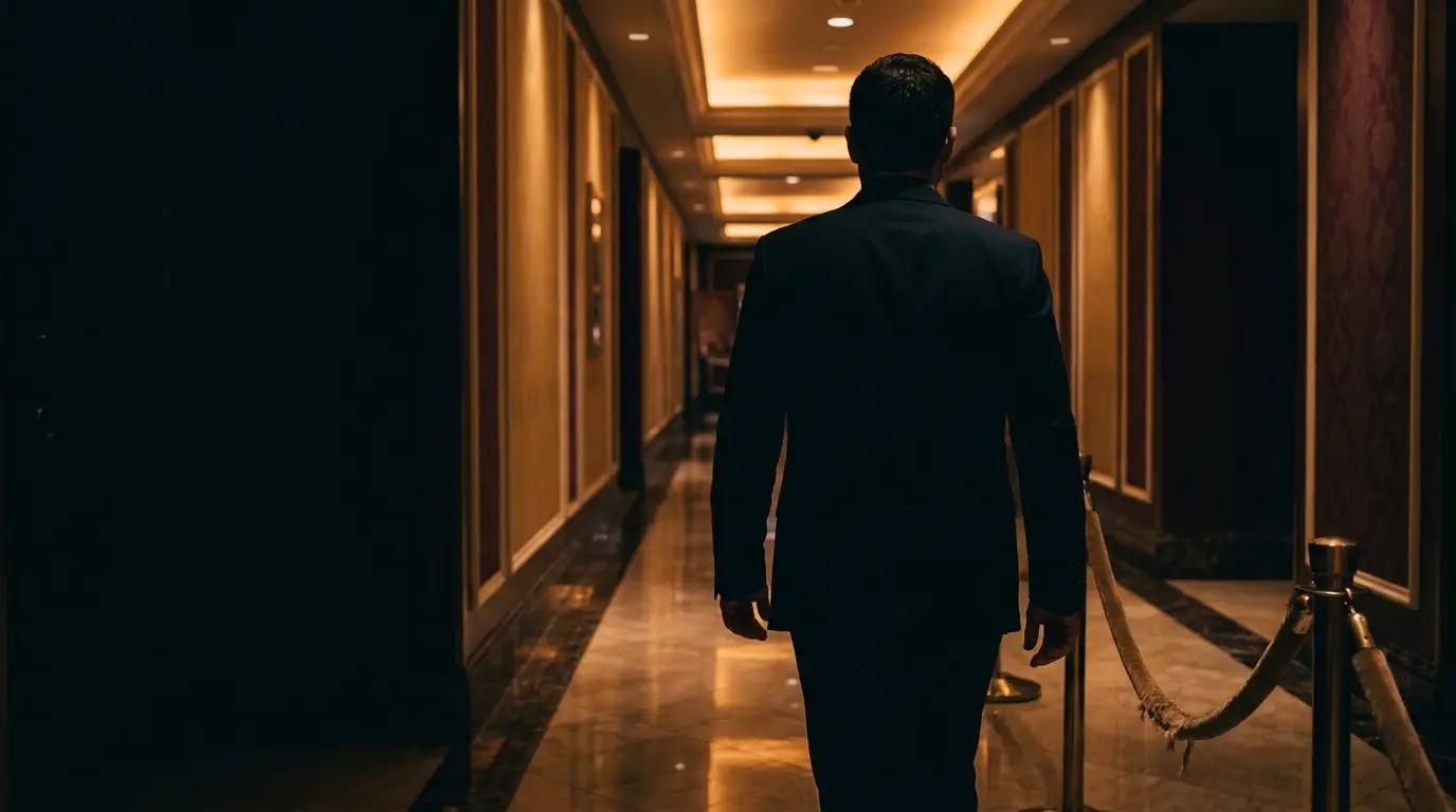 Man in suit walking down dimly lit hotel hallway with ornate wall details