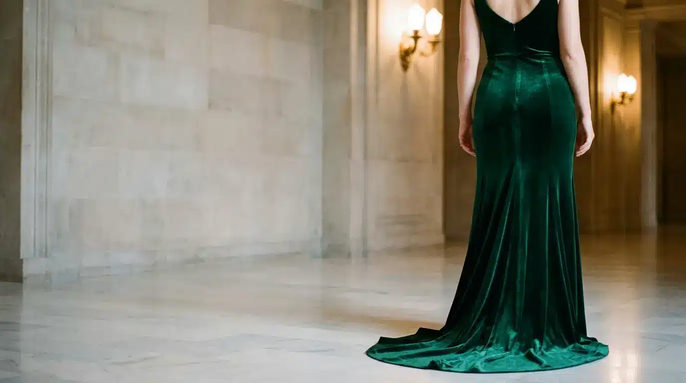 Woman in elegant green velvet dress standing in marble hallway with soft lighting
