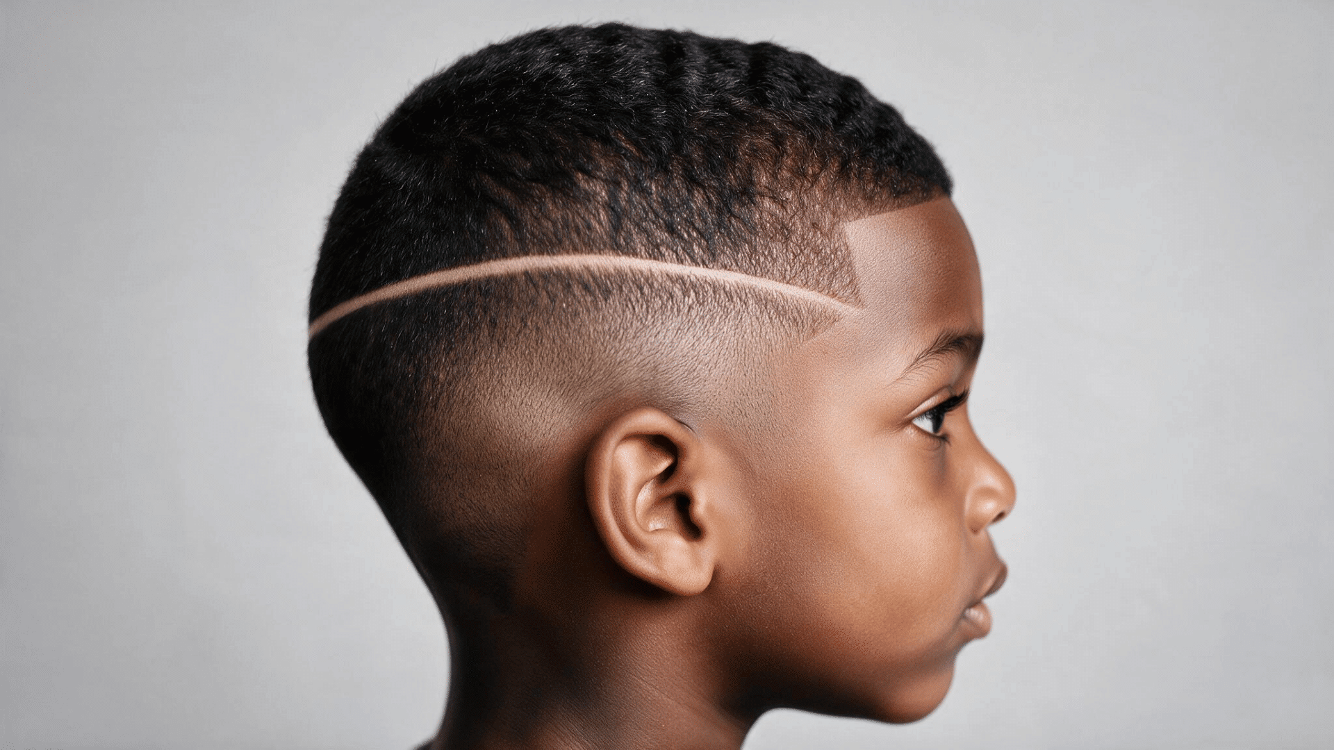 short boys haircut with a clean fade and straight shaved line running along the side