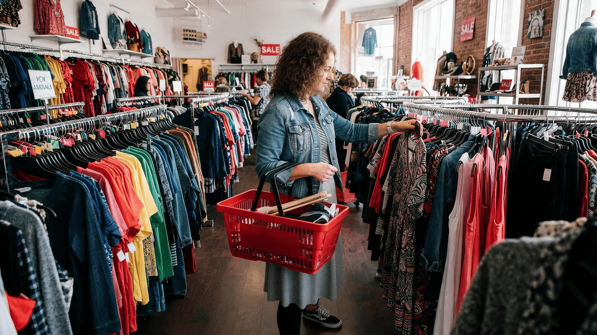 woman browsing clothing racks in a store while comparing different outfits and fashion styles