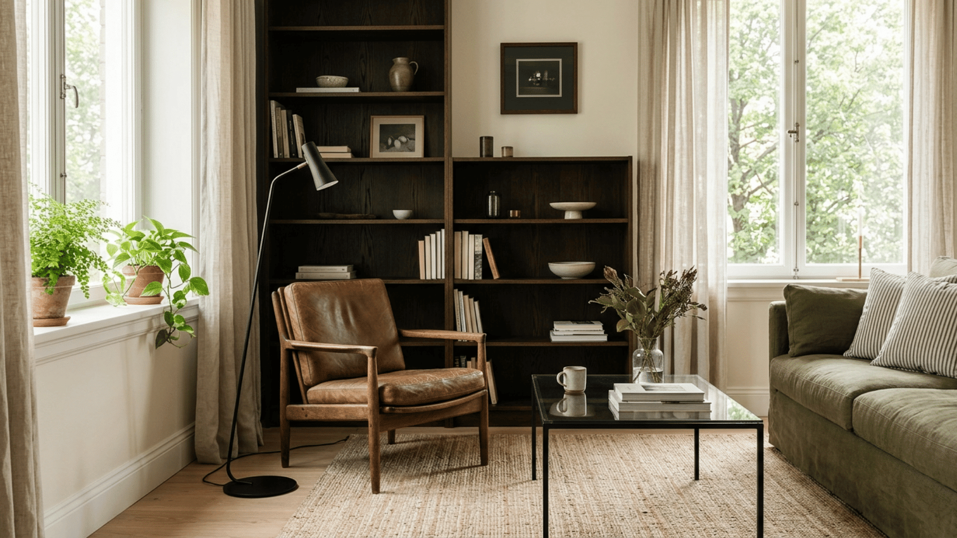 cozy living room with brown leather chair dark bookshelves green sofa large windows plants and glass coffee table