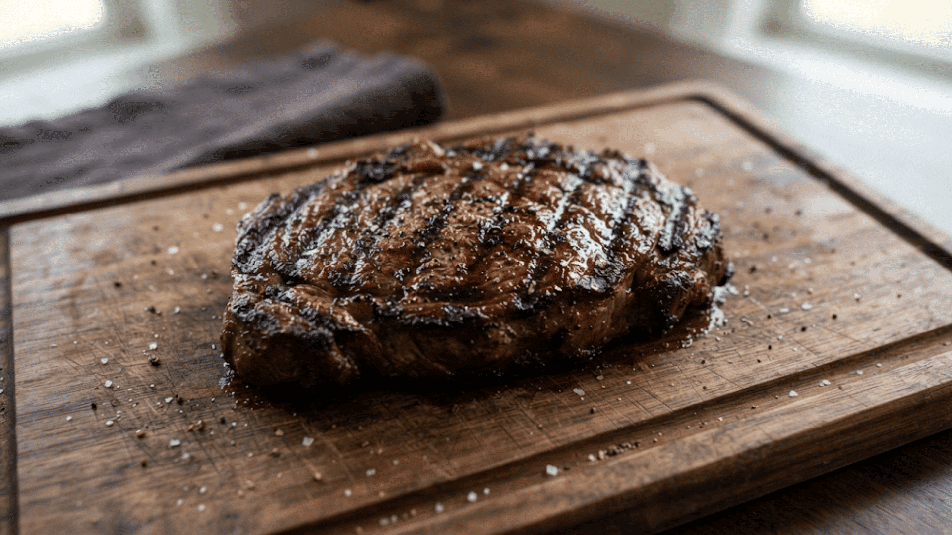 preferred doneness achieved as thick seasoned steak over open flames with a browned crust on the board