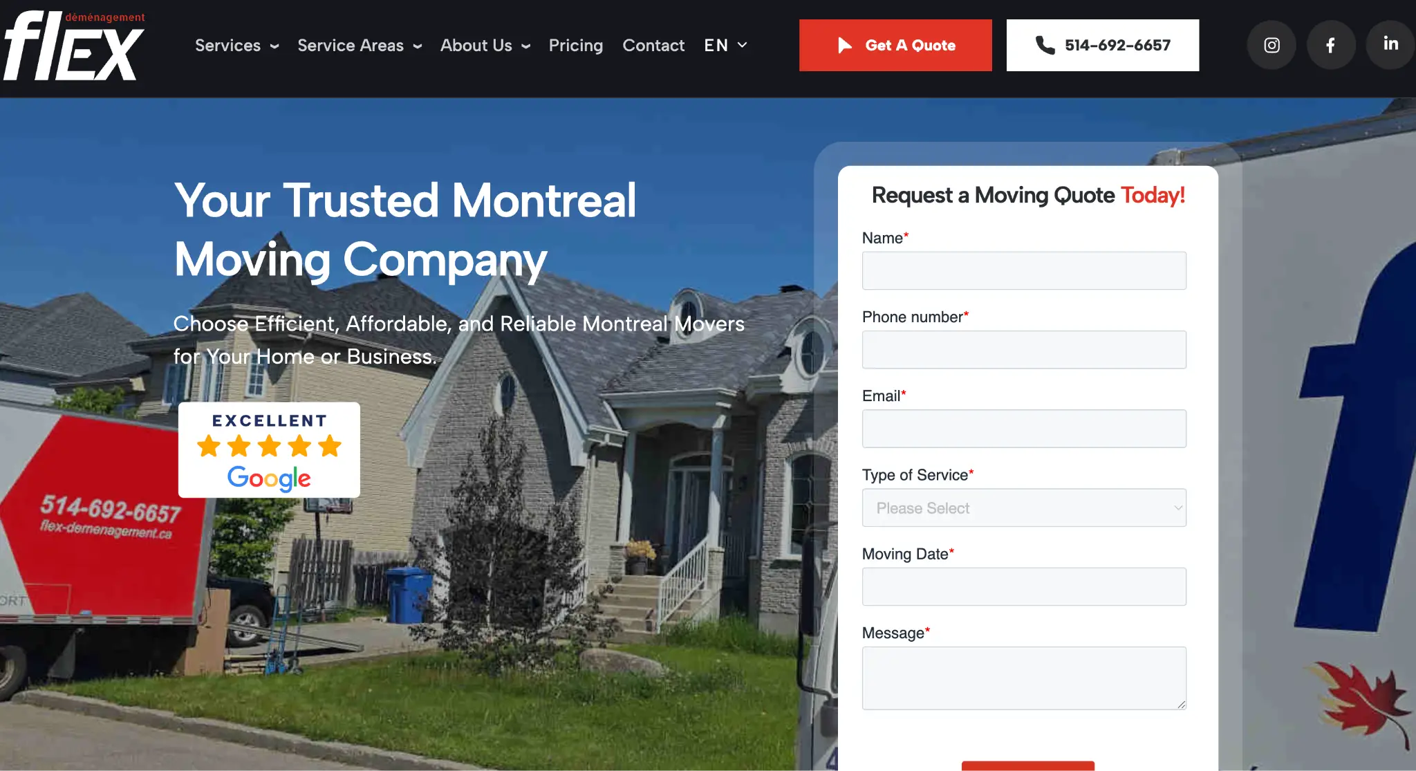 Moving truck parked in front of suburban house with online quote form on screen