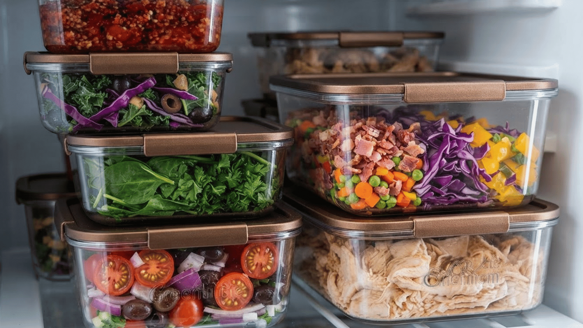 freezer meal containers filled with vegetables chicken and prepared dishes for easy make ahead meals