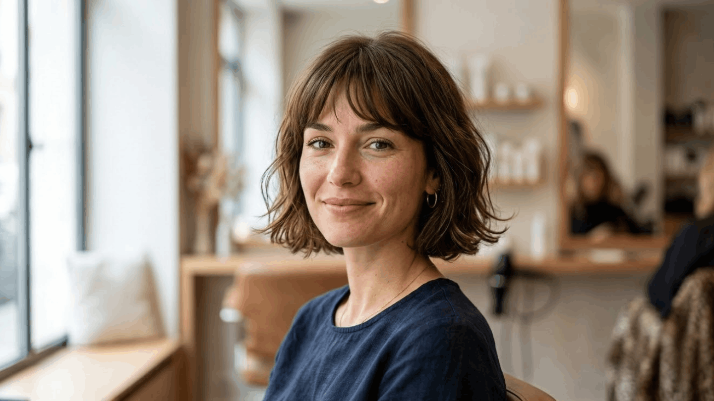 woman with heart shaped face wearing French bob with soft fringe