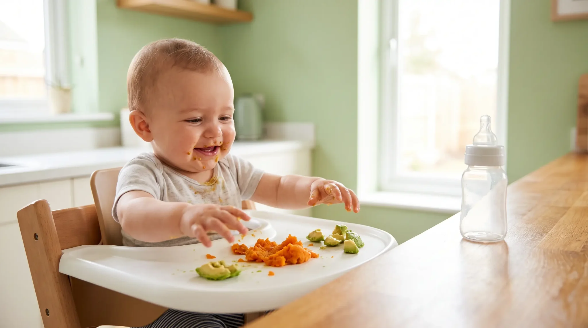 Baby in high chair playing with avocado and sweet potato in bright kitchen