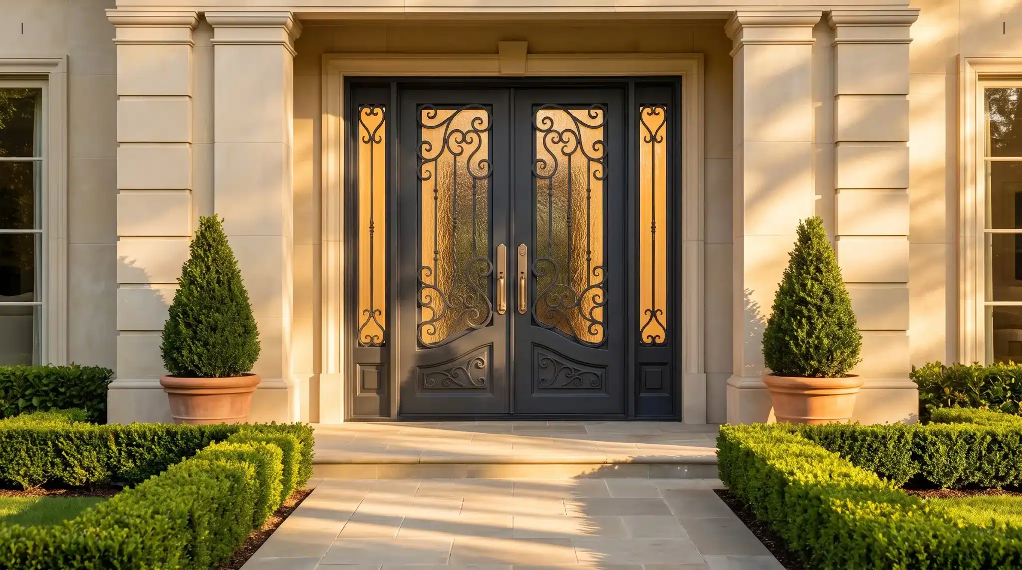 Ornate black double doors with decorative ironwork flanked by potted shrubs in elegant entranceway