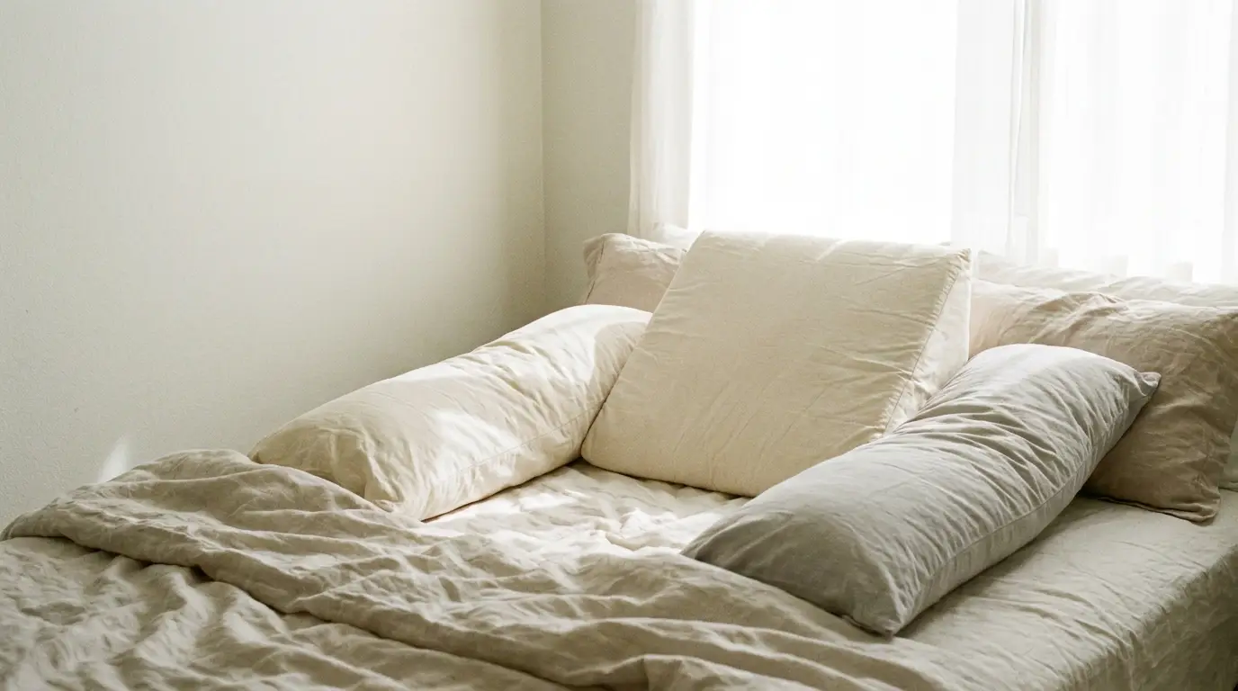 Cozy bed with beige pillows and duvet in softly lit bedroom