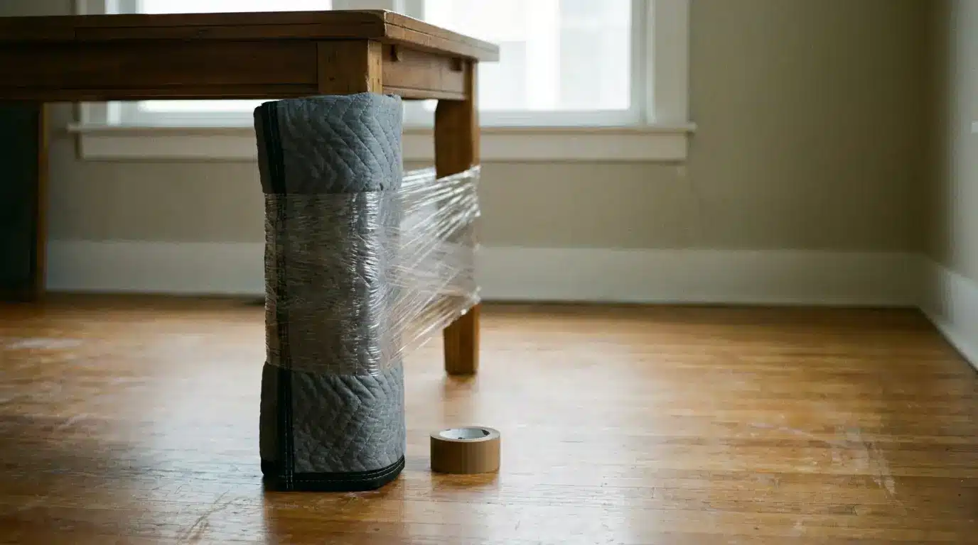 Table leg wrapped in moving blanket and plastic wrap on wooden floor with tape nearby