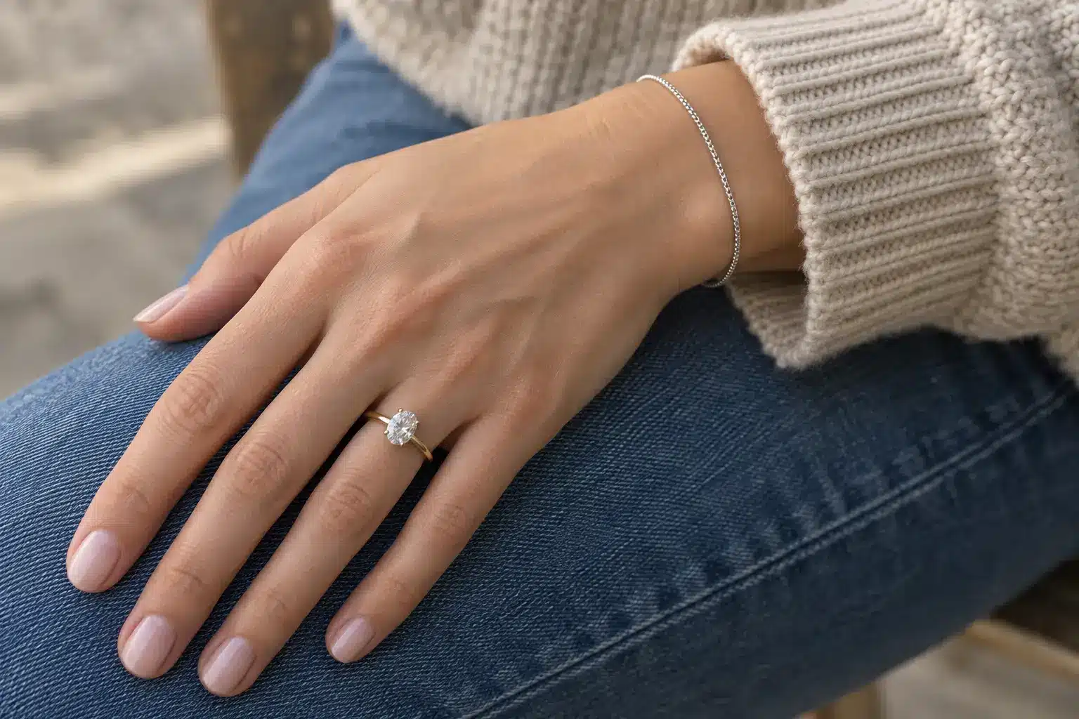 Hand wearing an engagement ring and bracelet resting on blue jeans