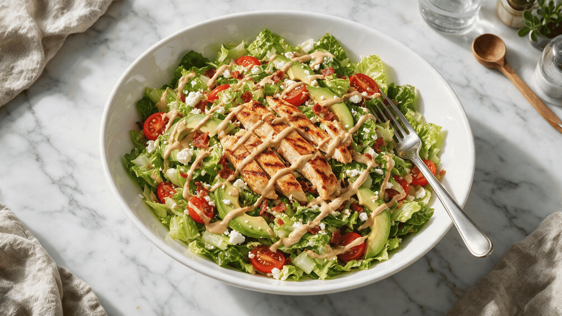 grilled chicken salad with romaine, avocado, tomatoes, bacon, feta, and drizzled dressing