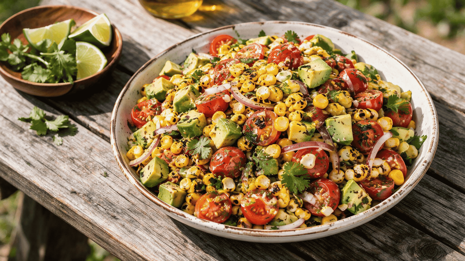 grilled corn salad with charred corn avocado tomatoes red onion cilantro and lime wedges