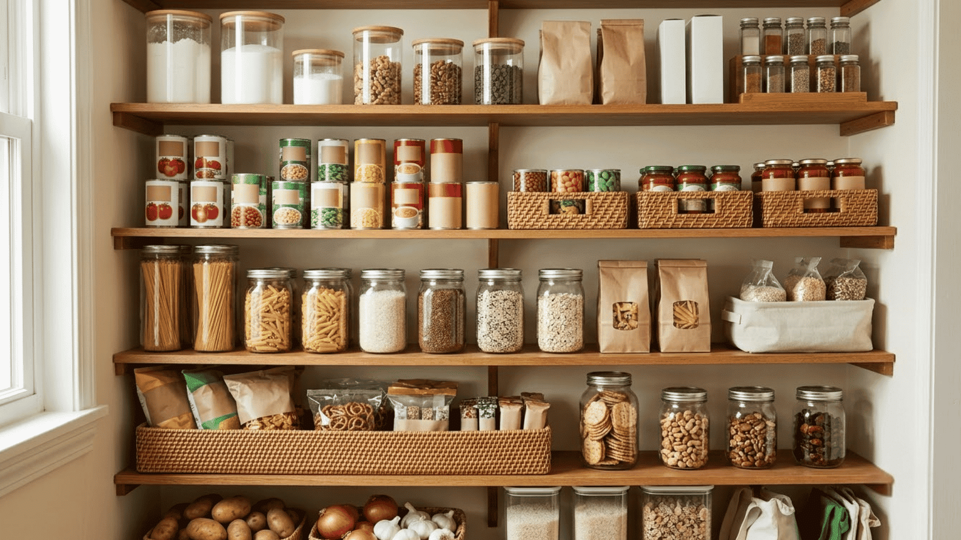 pantry shelves with similar foods grouped into breakfast snacks baking canned goods and cooking zones