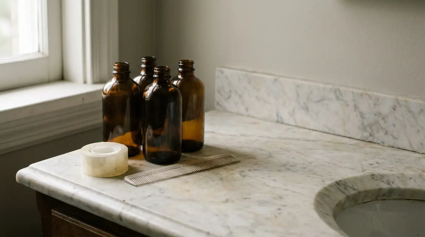 Amber glass bottles and a comb on marble bathroom countertop near window