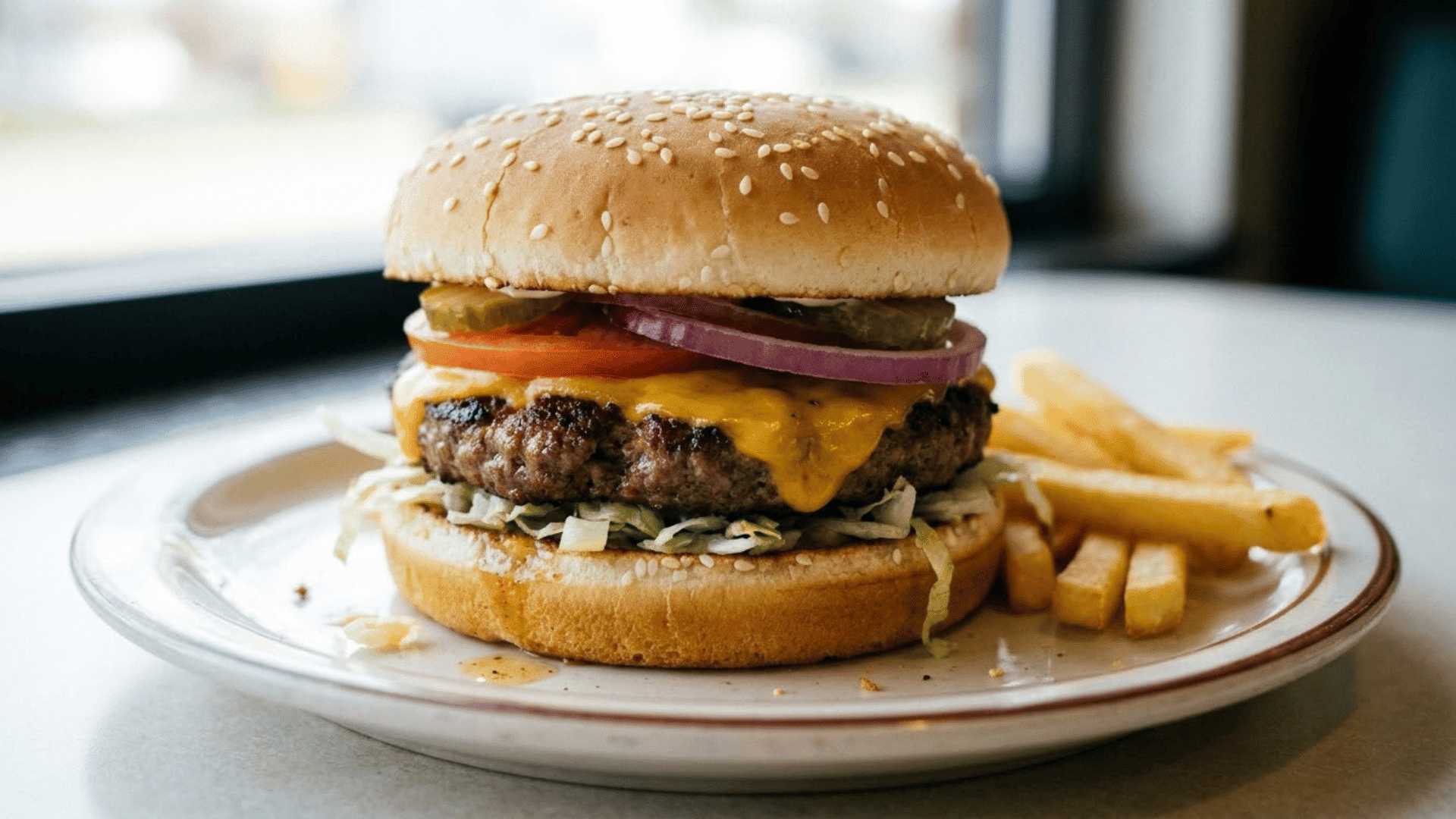 classic american hamburger with melted cheese fresh toppings pickles and fries on a diner plate
