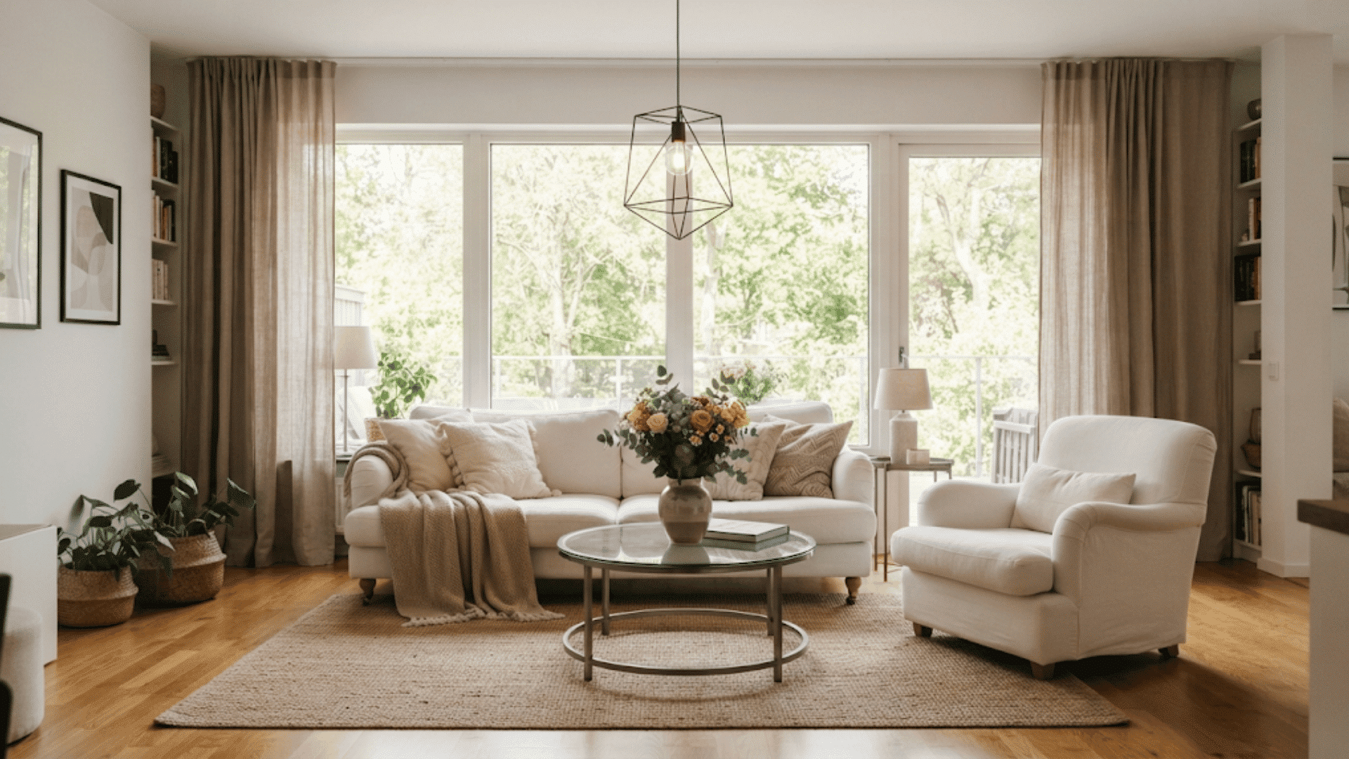 hang curtains higher and wider to frame large windows and make a bright living room feel taller and more spacious