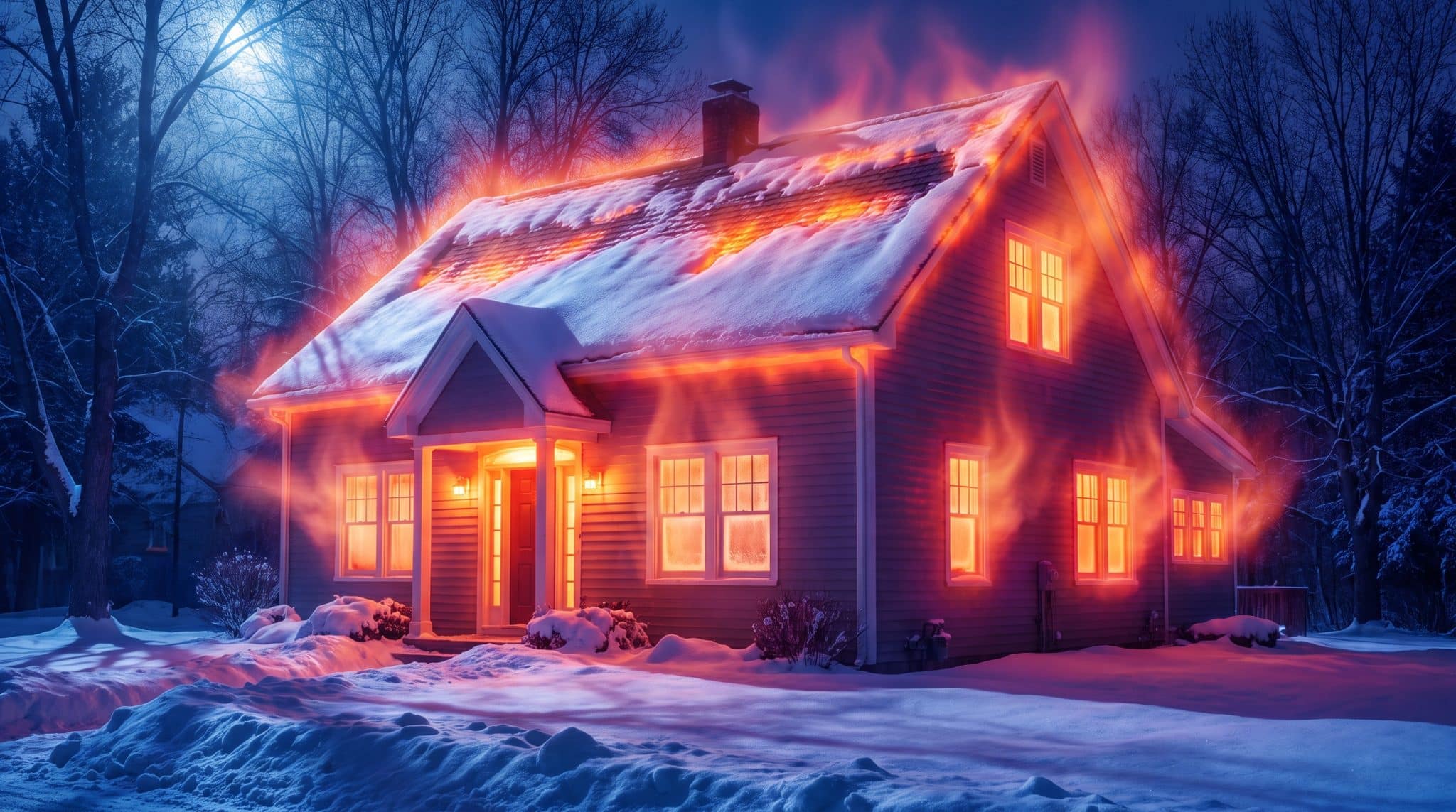 Snow-covered house at night with glowing windows and roof amidst snowy landscape