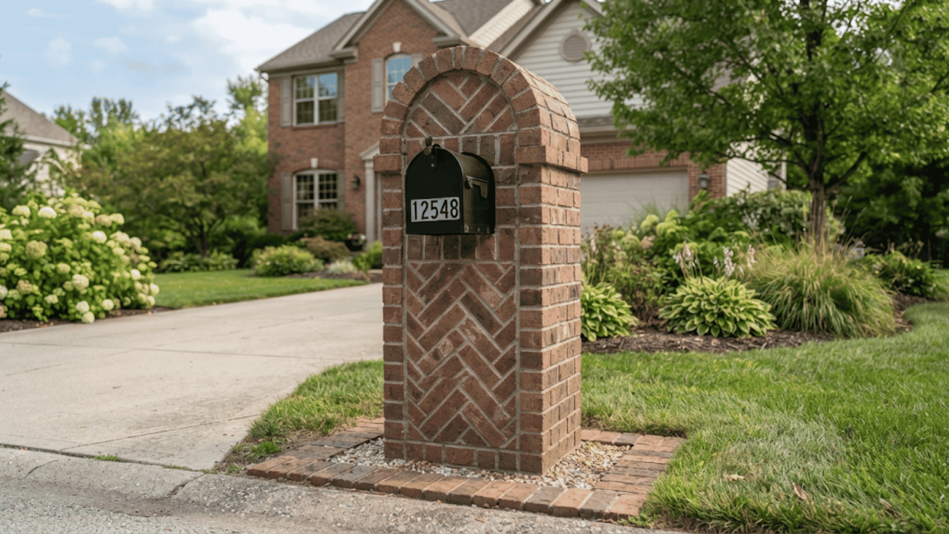 herringbone brick mailbox with an arched top and black mail box beside a landscaped suburban driveway