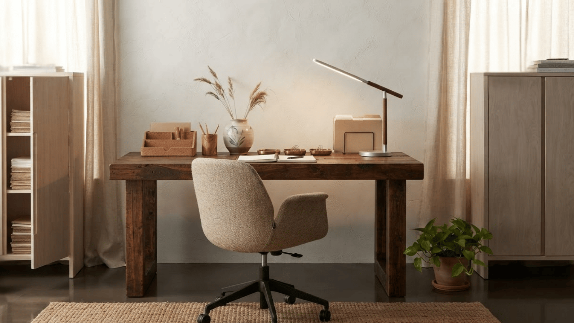sustainable home office with reclaimed wood desk natural materials and soft daylight.