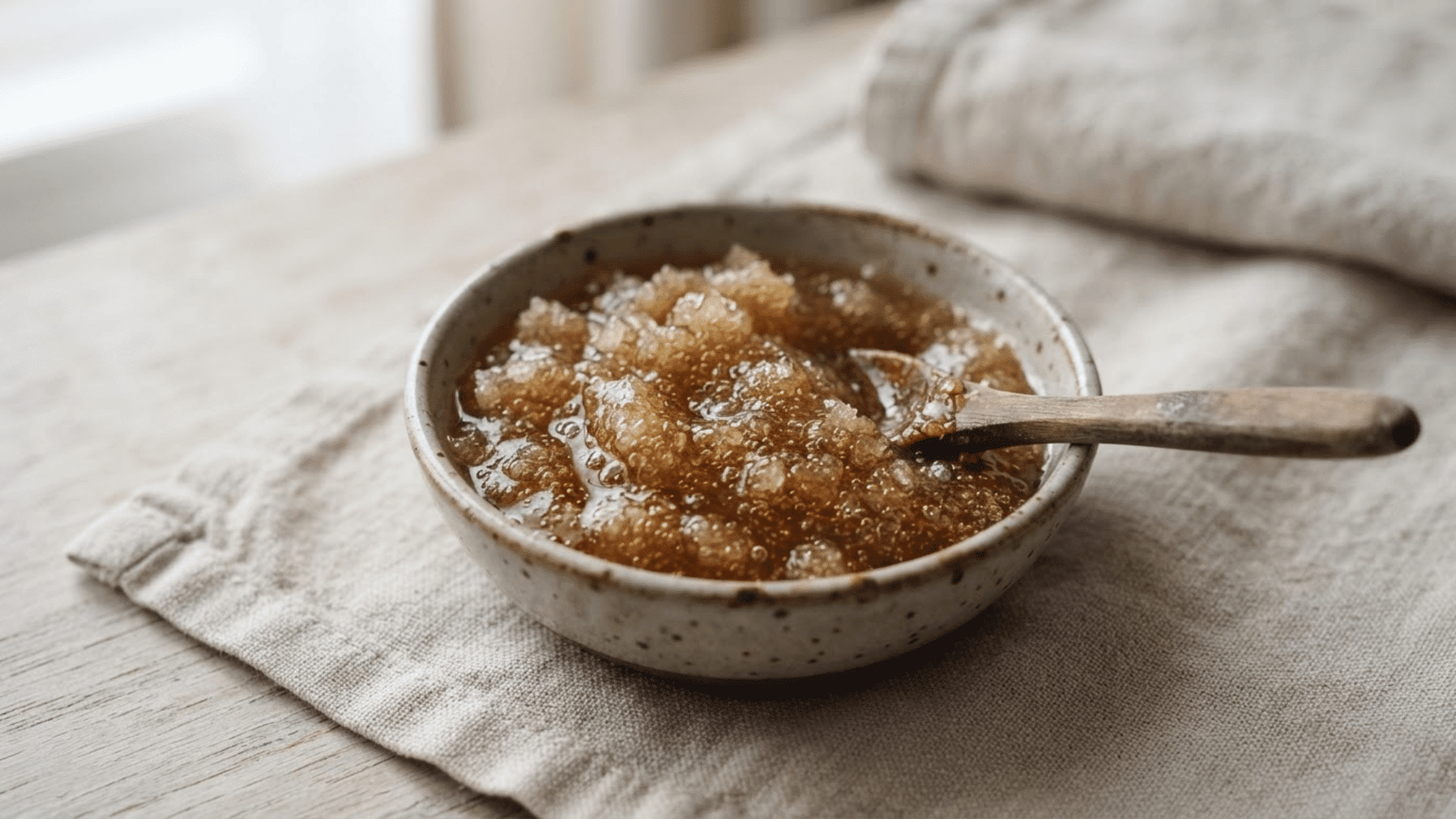 homemade honey sugar body scrub in a ceramic bowl with a wooden spoon