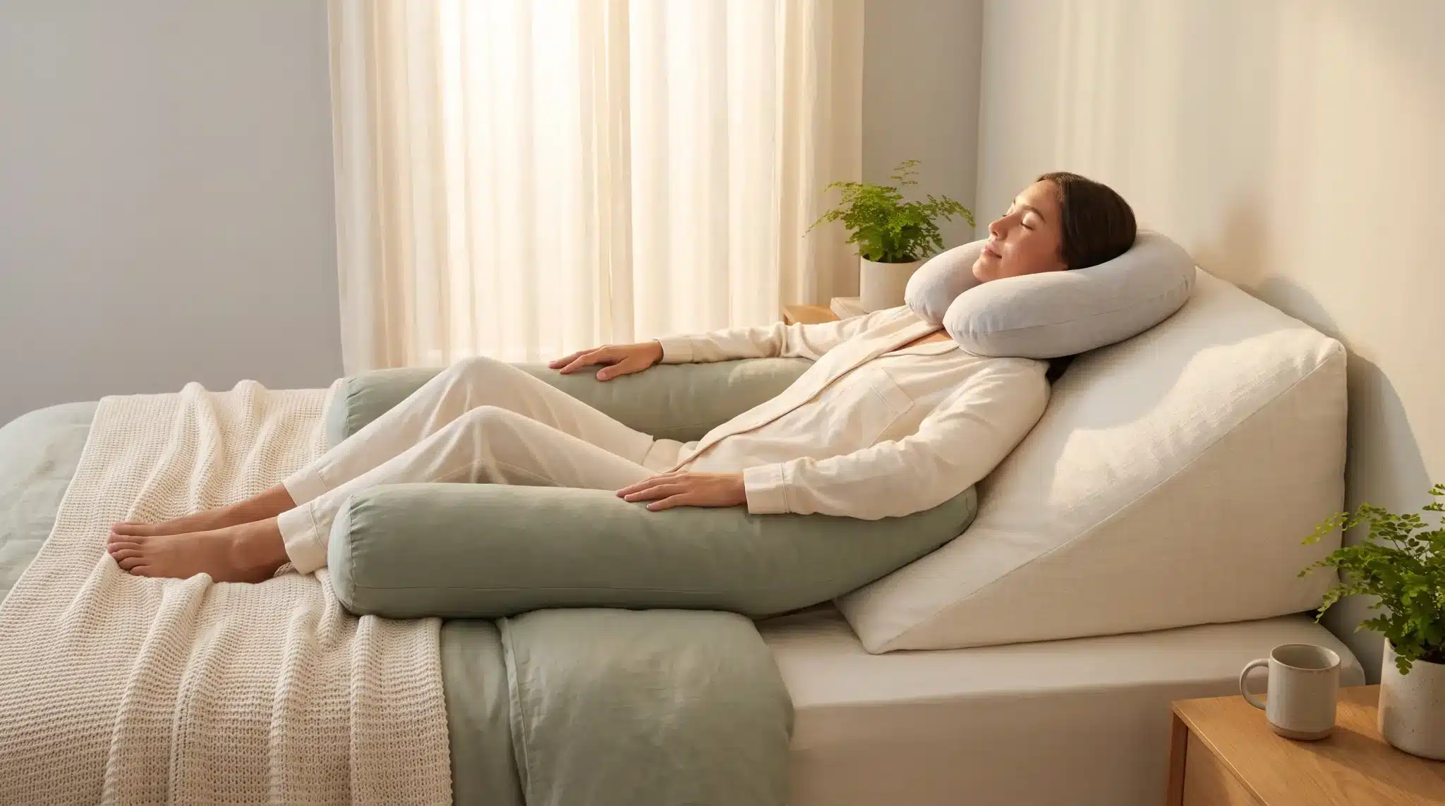 Woman in white pajamas relaxing with neck pillow on bed in sunlit bedroom