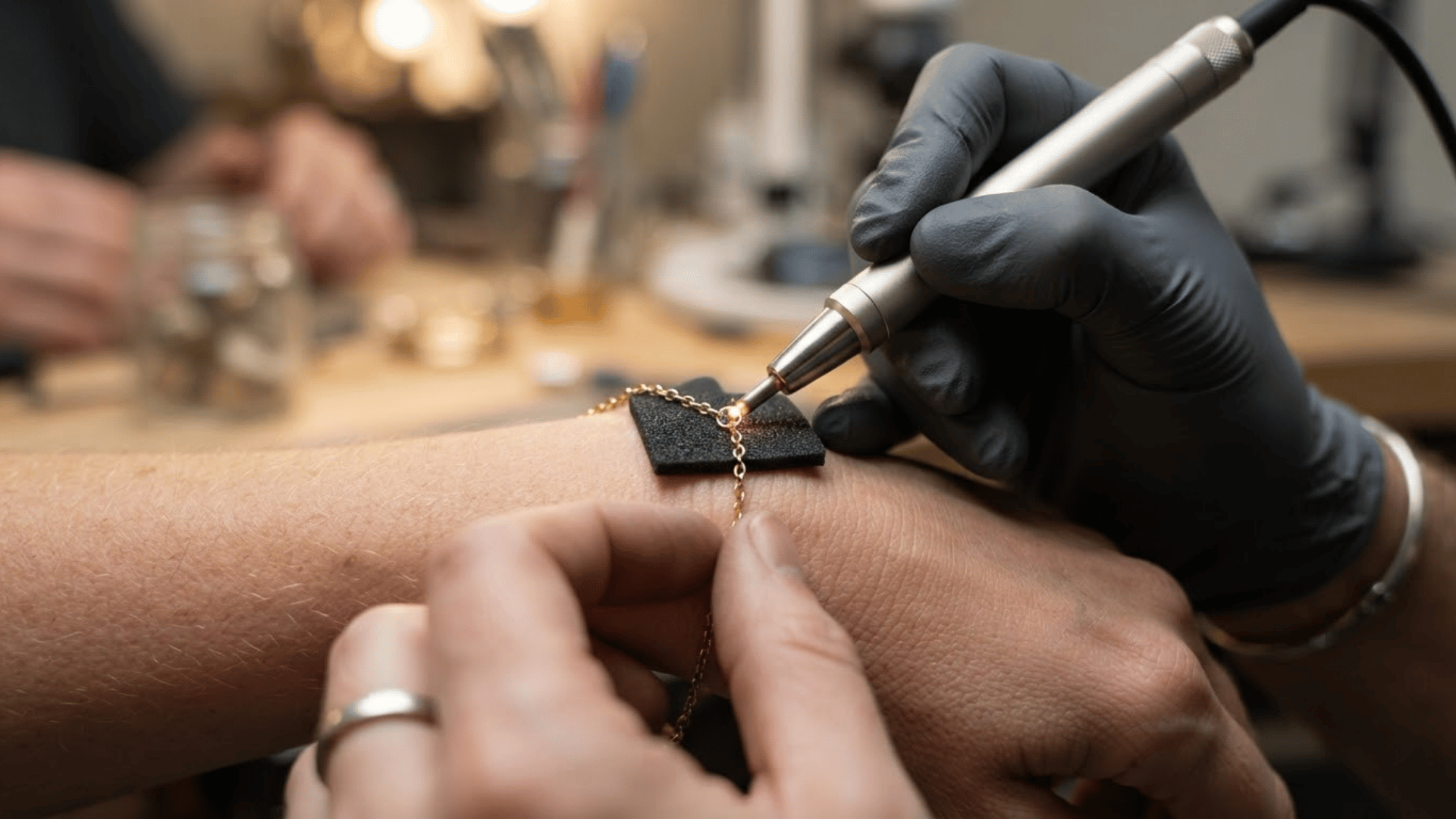 a jeweler using a tool to repair a permanent jewelry resting across a person's wrist