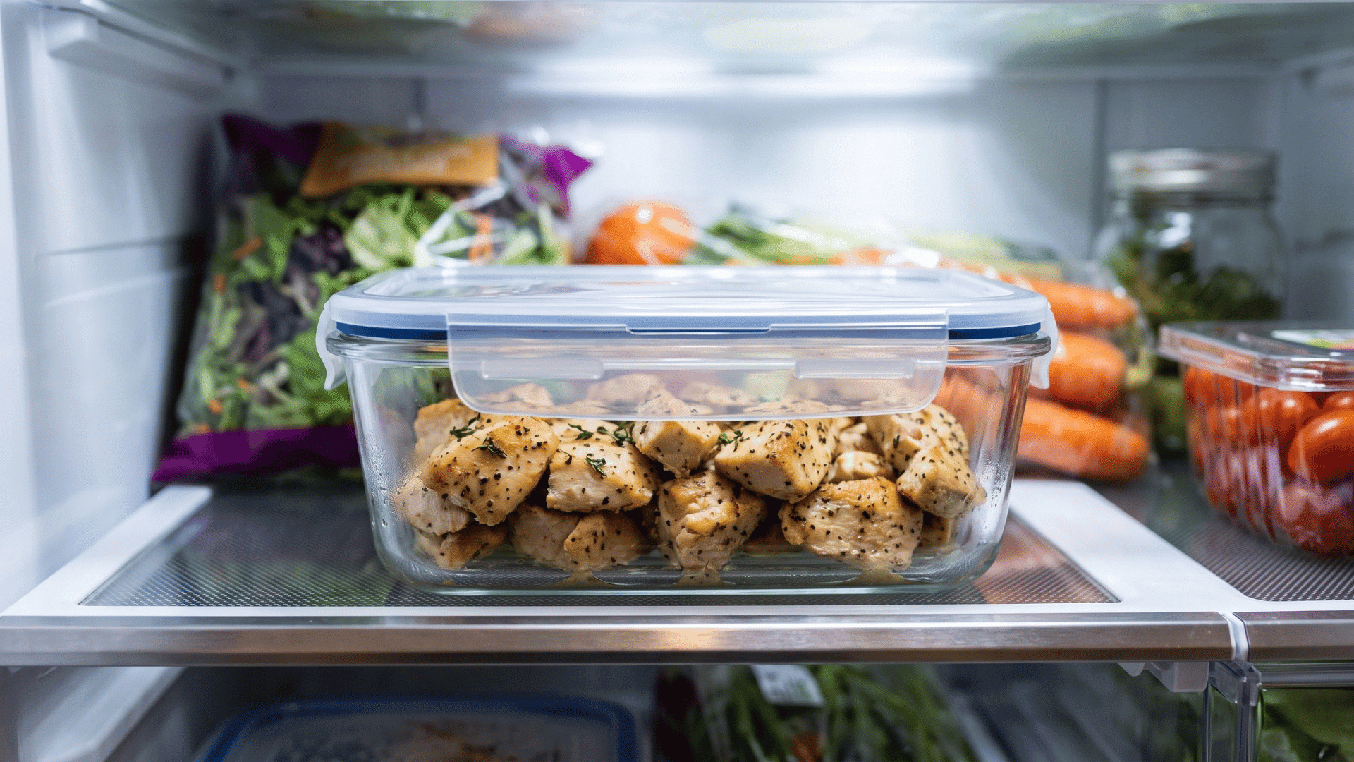 chicken breast cut packed in a sealed glass container and placed neatly inside a clean home refrigerator