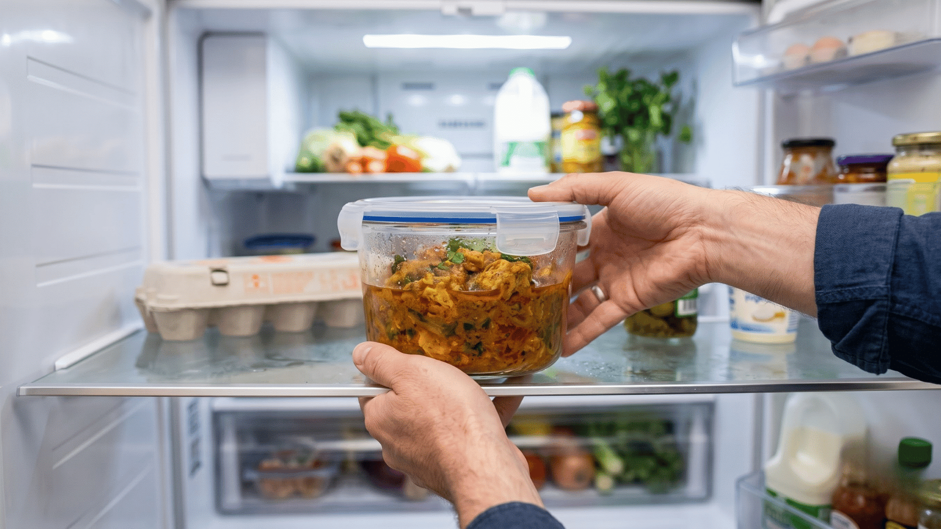 cooked chicken stored in a clear airtight container on a refrigerator shelf ready for safe leftover meals