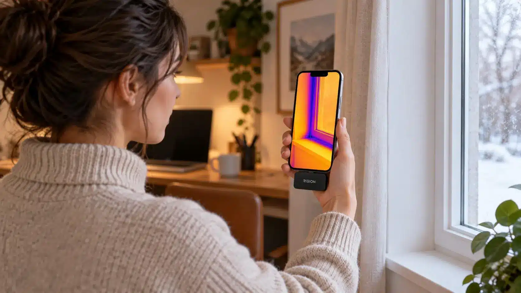 Woman in sweater holding smartphone displaying thermal image near window in cozy office setting