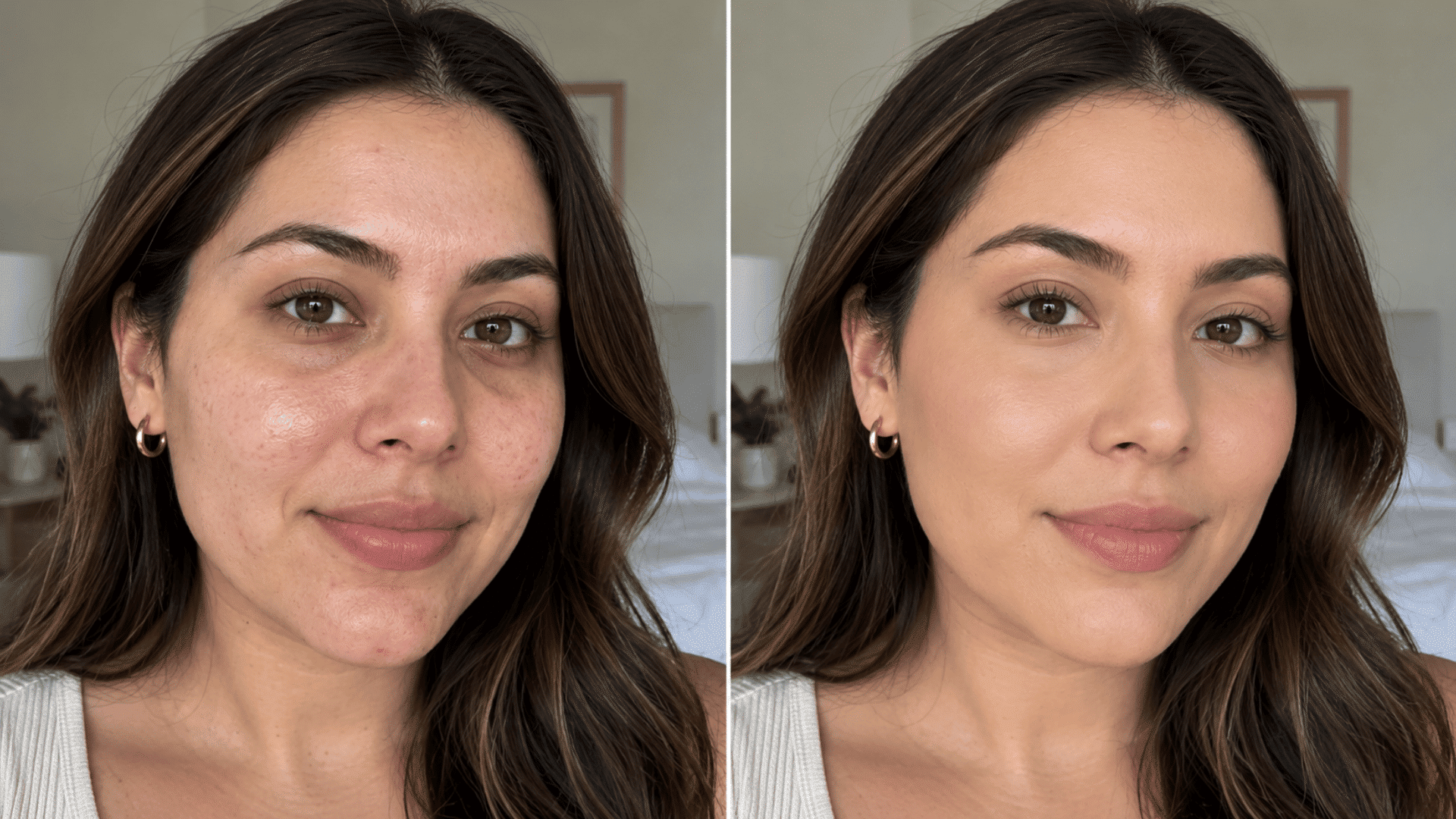 before and after comparison showing a woman with natural skin on the left and smooth foundation coverage on the right